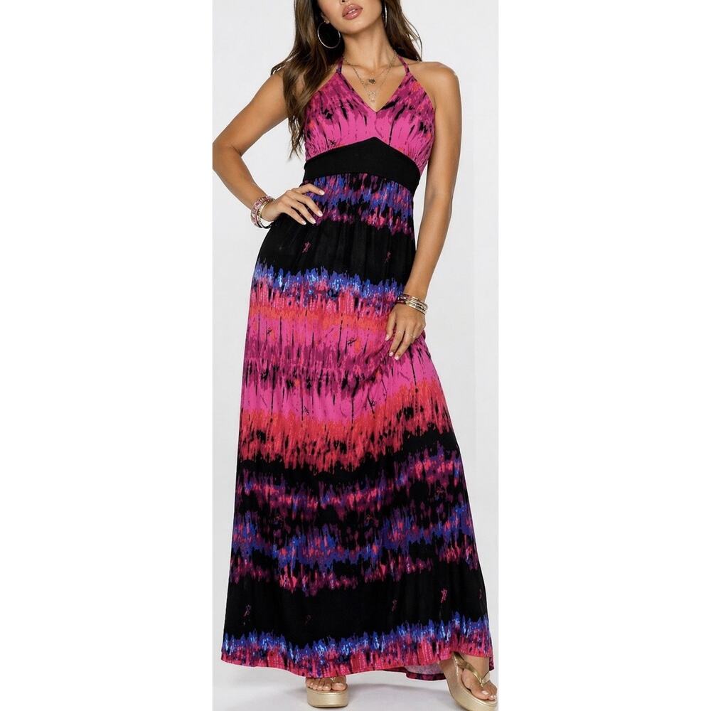 Baby Phat Vintage Y2K Halter Maxi Long Dress Tie Dye Cat Logo Print Plus Size 3X - Picture 2 of 11